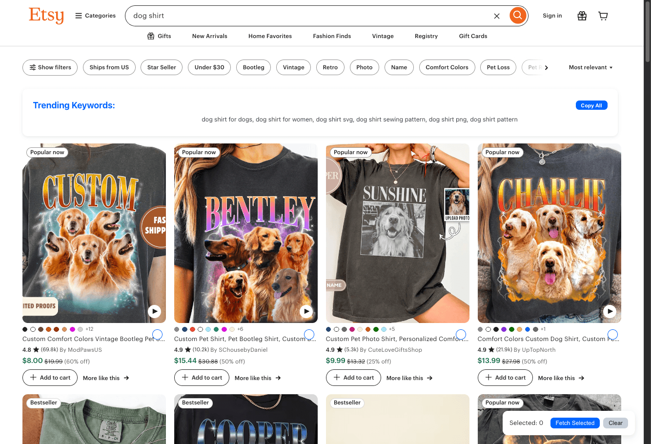 Etsy search results page showing MagicTags SEO tools